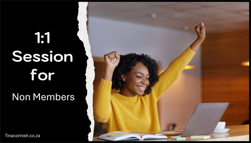 happy lady arms in air at laptop she has signed up for a 1 on 1 session of healing and coaching with Tina Cornish